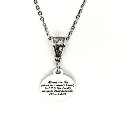 Proverbs 19 21 Necklace Engraved Scripture Charm Faith Jewelry Purpose Of The Lord Necklace