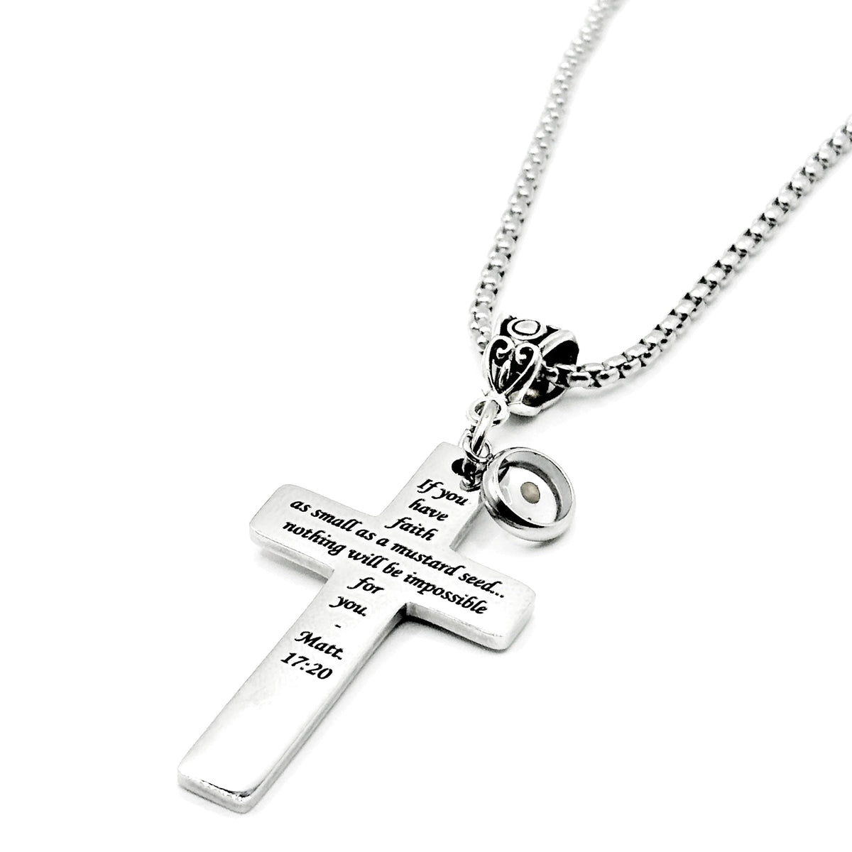 Mustard Seed Faith Cross Necklace — Matthew 17:20 Stainless Steel Scripture Necklace