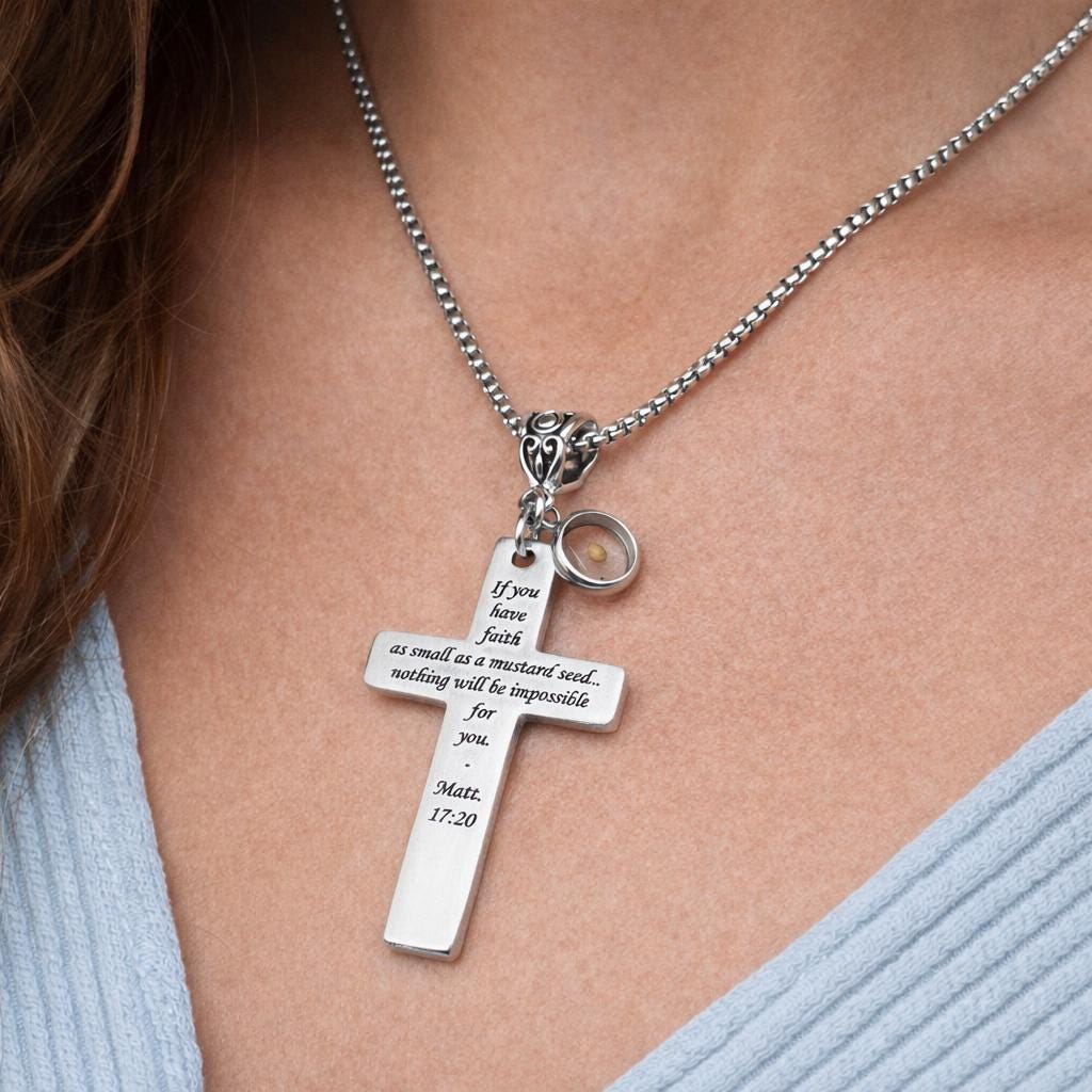 Mustard Seed Faith Cross Necklace — Matthew 17:20 Stainless Steel Scripture Necklace