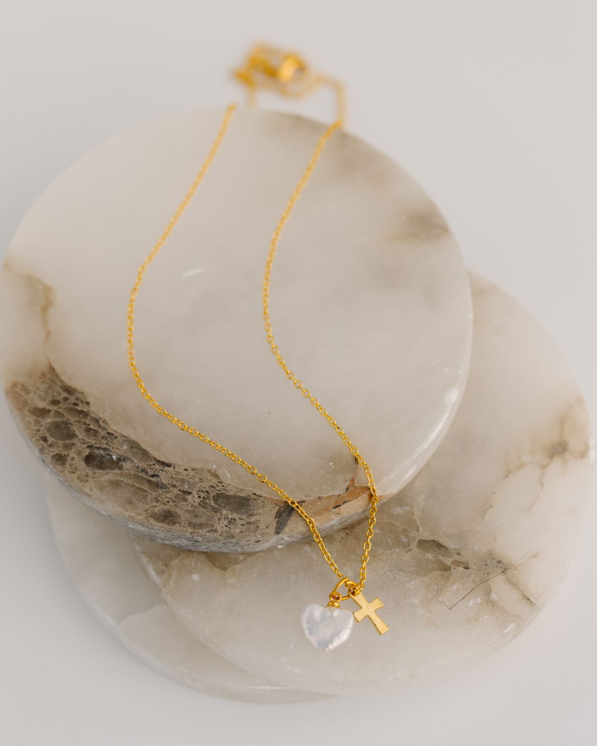 Jadeyn Gold Plated Cross Necklace with Pearl Heart