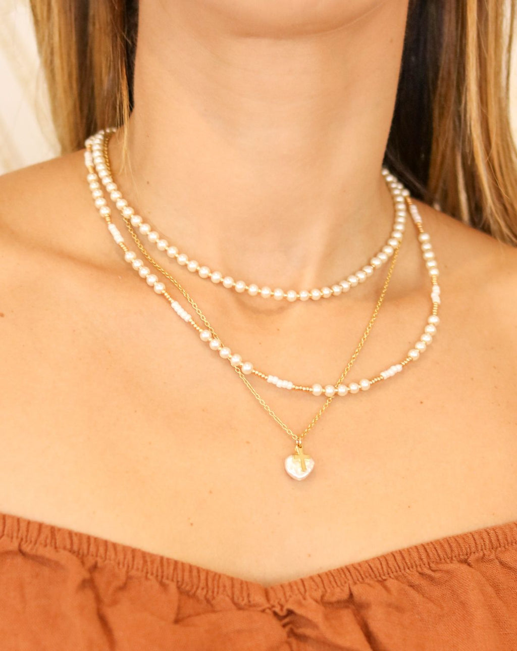 Jadeyn Gold Plated Cross Necklace with Pearl Heart