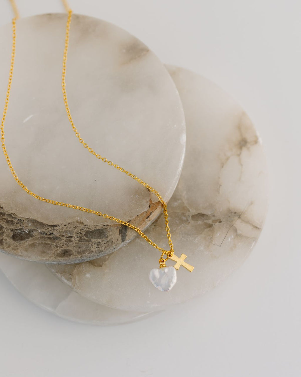 Jadeyn Gold Plated Cross Necklace with Pearl Heart